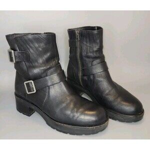 Kork-Ease Womens 7.5 Black Leather Moto Riding Boots Buckle Biker Motorcycle